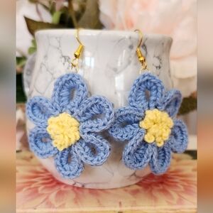 Handcrafted Crochet Blue and Yellow Flower Earrings